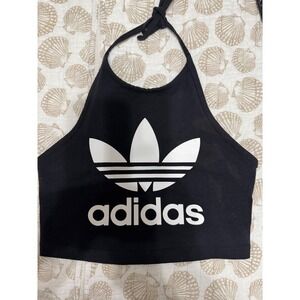 Adidas Originals Womens Black Trefoil Logo Halter Neck Crop Top Size Small